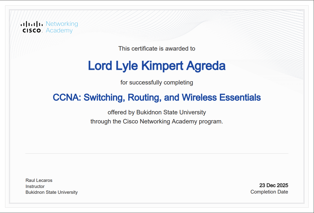 Cisco Networking Academy certificate for CCNA: Switching, Routing, and Wireless Essentials, awarded to Lord Lyle Kimpert Agreda